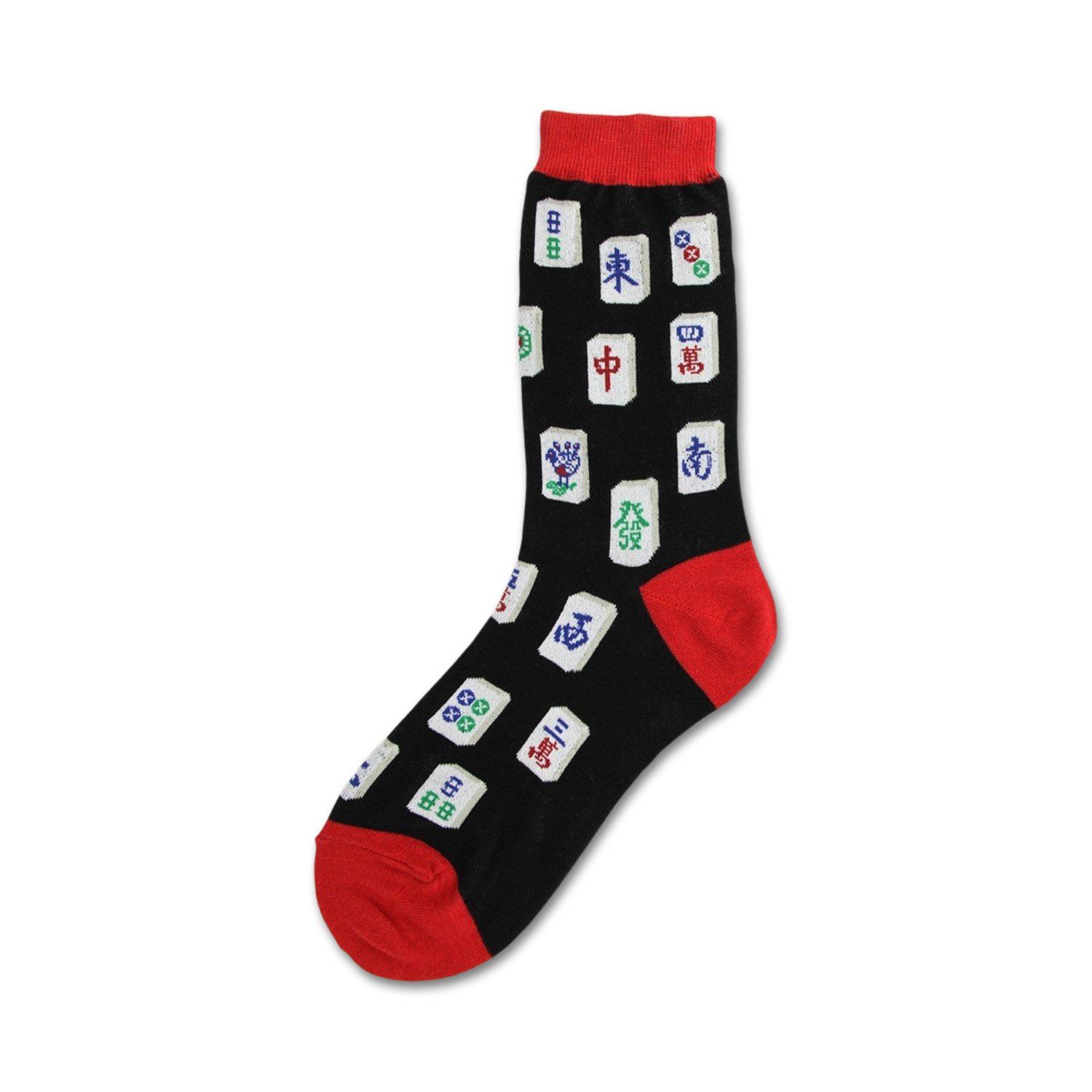 Black crew socks with red cuffs, adorned with colorful Mahjong tile designs. 