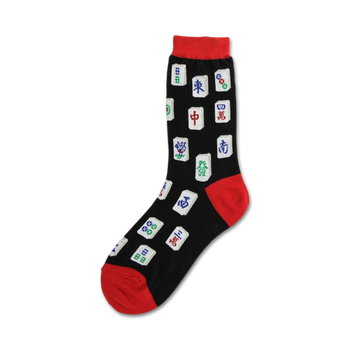 black crew socks with mahjong tiles in white, red, green, and blue.  