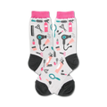 Crew socks in grey with a fun print of hair dryers, scissors, combs, and makeup. Pink and teal accents on a light grey background.