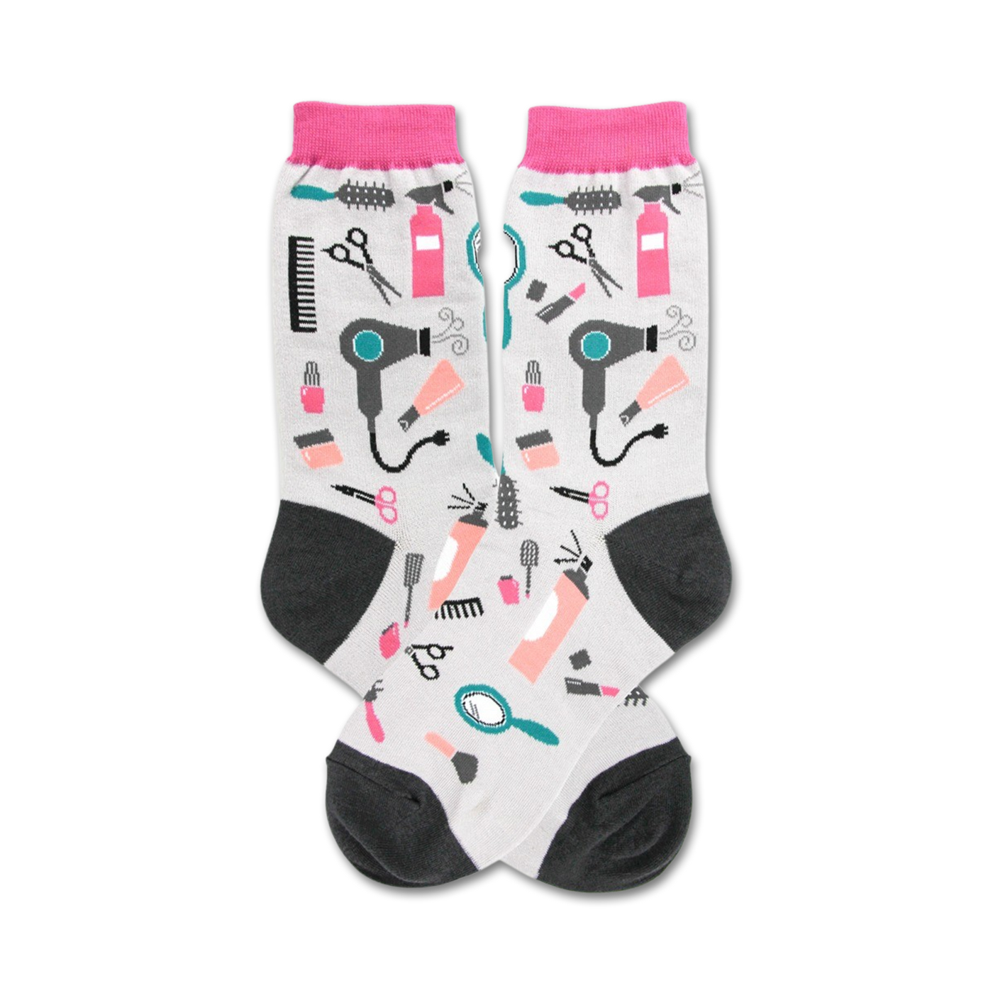 Crew socks in grey with a fun print of hair dryers, scissors, combs, and makeup. Pink and teal accents on a light grey background.