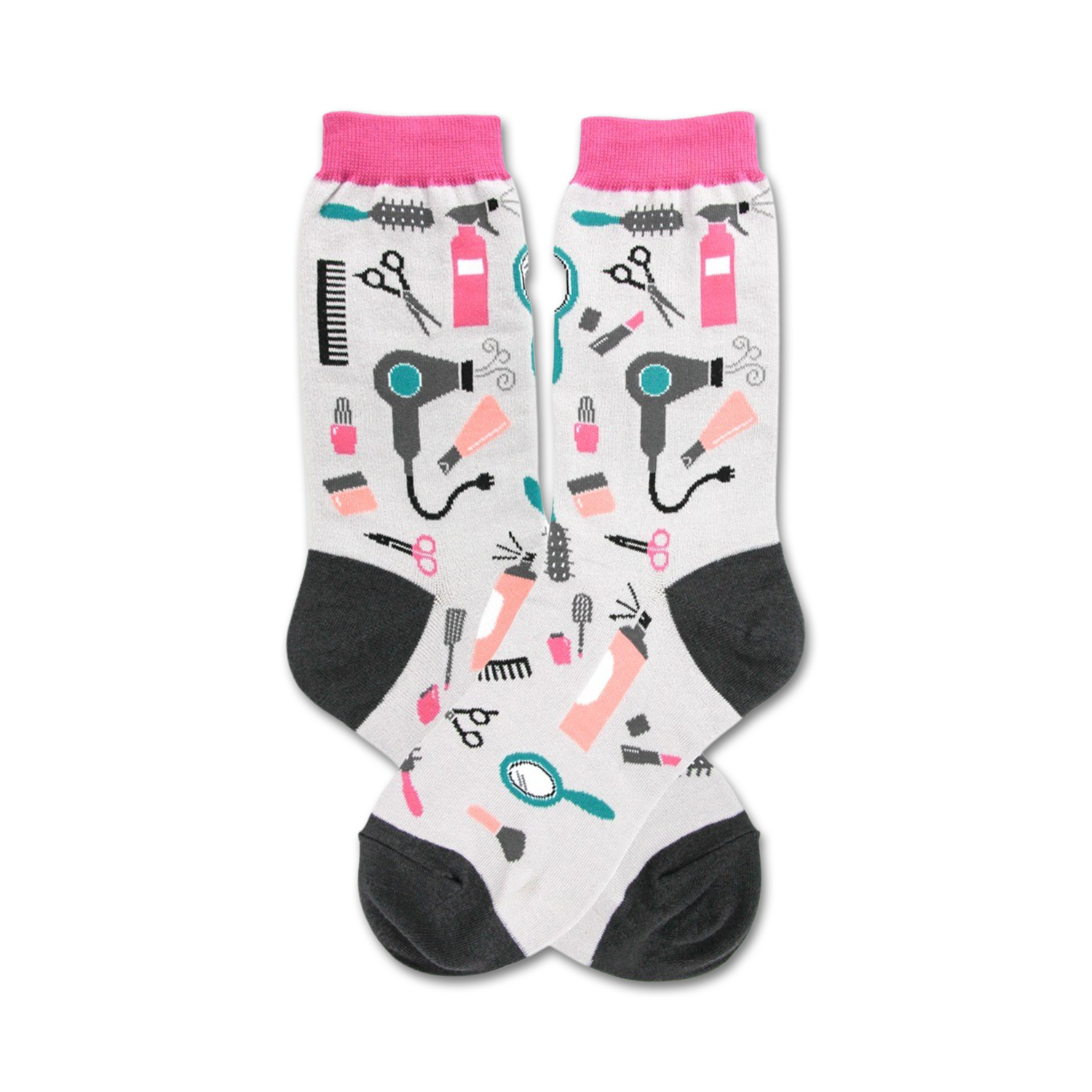 Crew socks in grey with a fun print of hair dryers, scissors, combs, and makeup. Pink and teal accents on a light grey background.