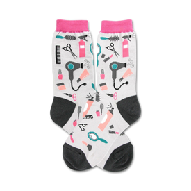 women's gray crew socks with pink toes and cuffs featuring a pattern of hair styling tools and accessories for mother's day.  