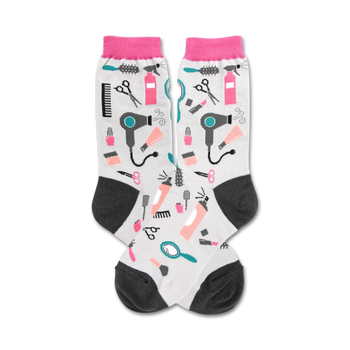 women's gray crew socks with pink toes and cuffs featuring a pattern of hair styling tools and accessories for mother's day.  