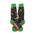 A pair of black crew socks with green cuffs. The socks are adorned with pizza slices, nunchucks, sais, and skateboards.