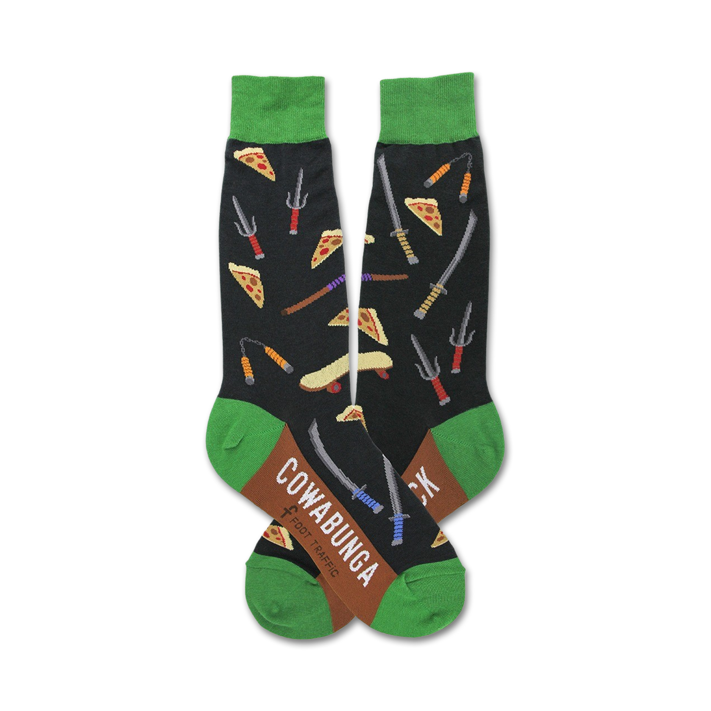 A pair of black crew socks with green cuffs. The socks are adorned with pizza slices, nunchucks, sais, and skateboards.