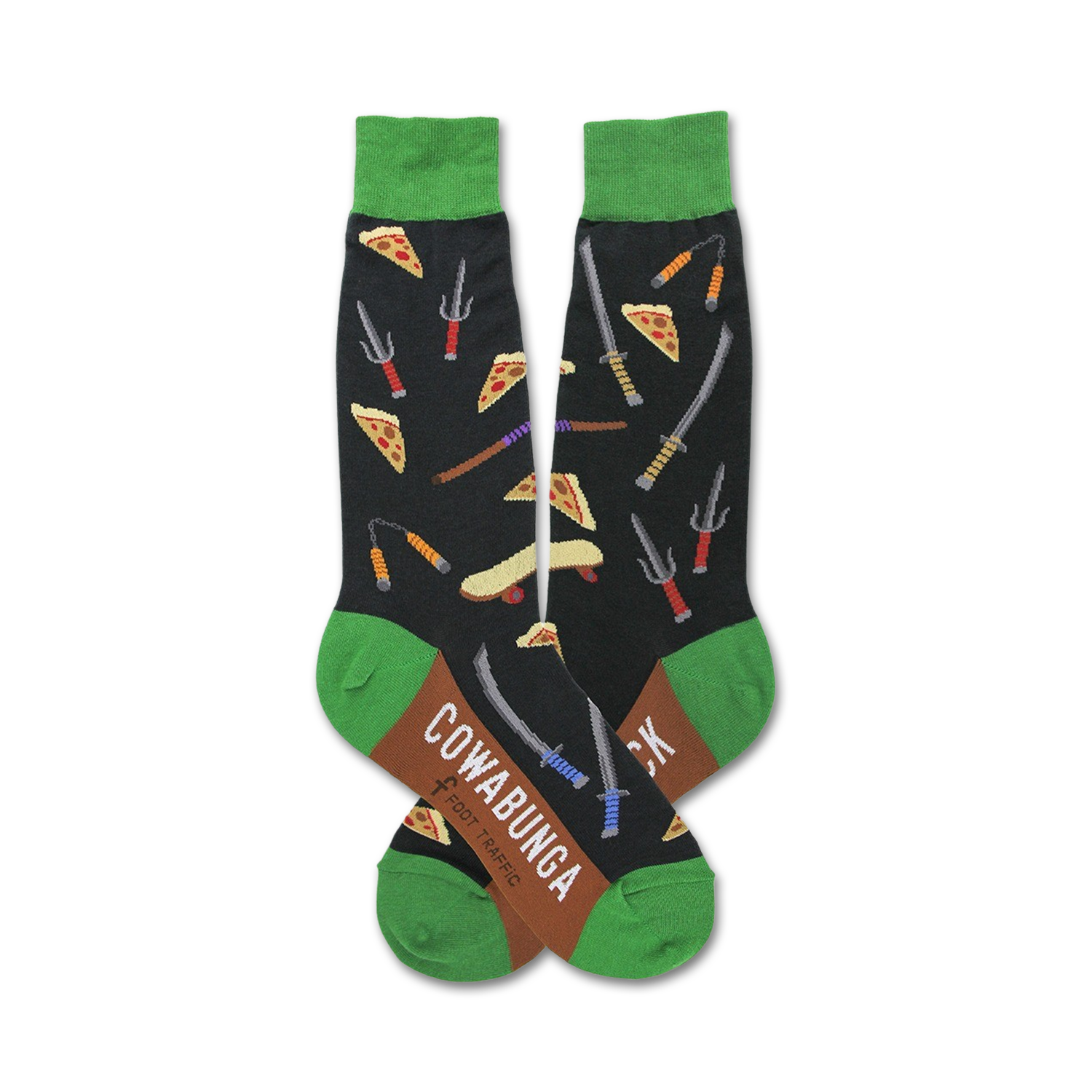 A pair of black crew socks with green cuffs. The socks are adorned with pizza slices, nunchucks, sais, and skateboards.