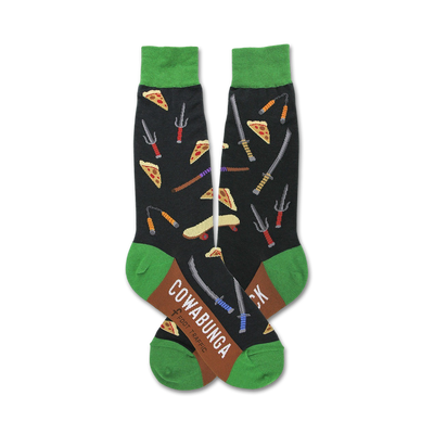 black crew socks with green skateboards, red nunchakus, yellow sai, and orange pizza. teenage mutant ninja turtles theme.  