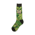 Green camo crew socks with a brown patch featuring a deer and fish graphic, and the words "Hunting + Fishing".