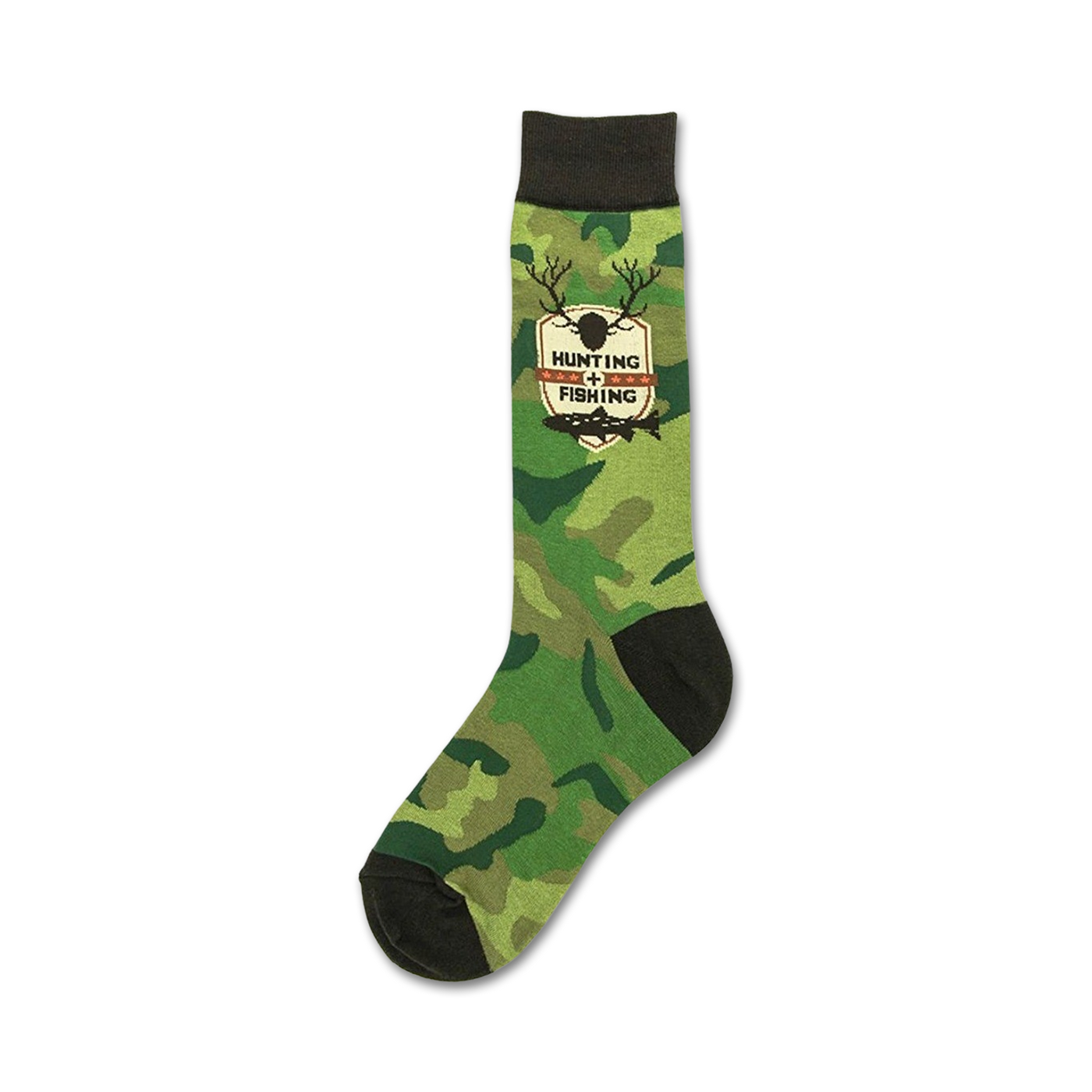 Green camo crew socks with a brown patch featuring a deer and fish graphic, and the words "Hunting + Fishing".