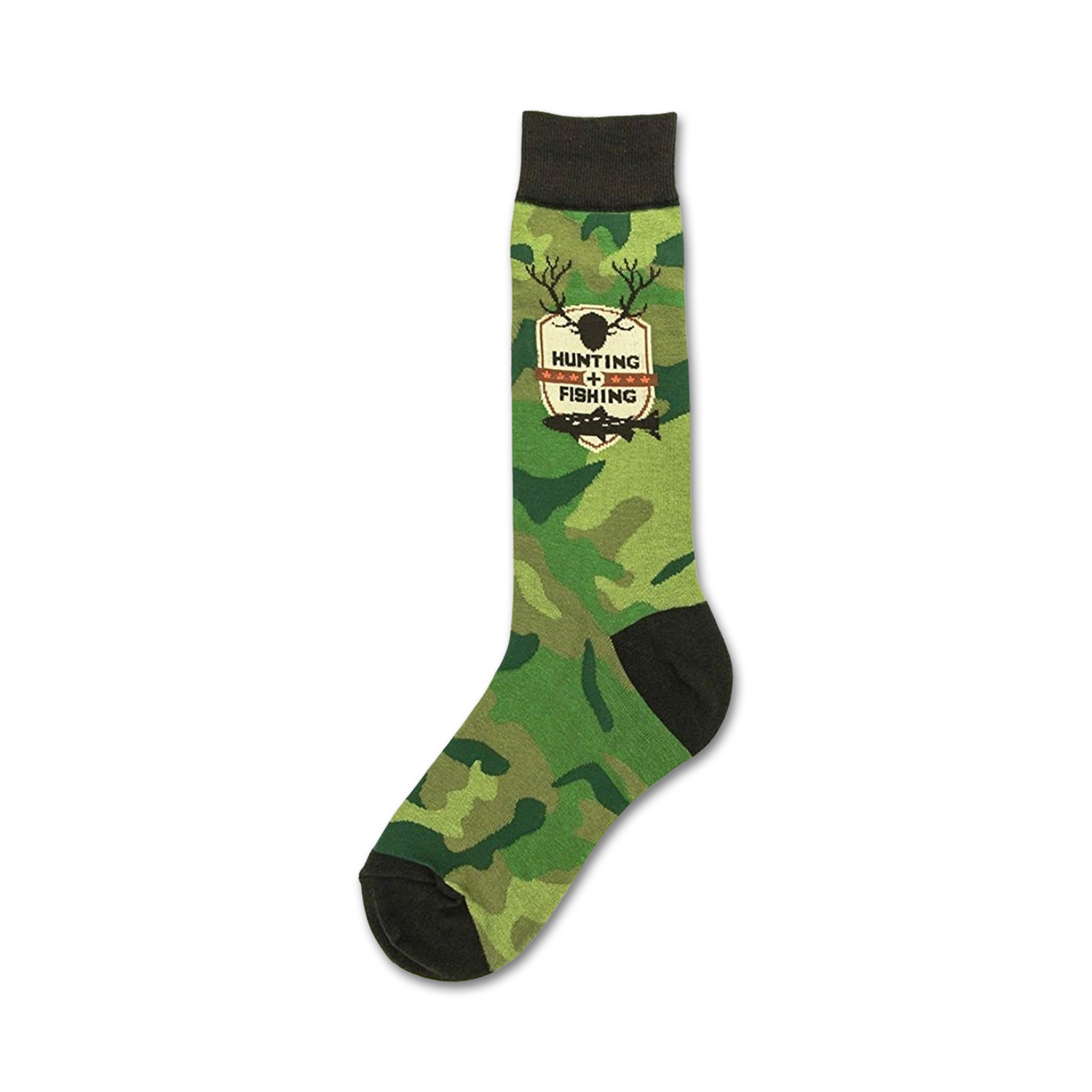 Green camo crew socks with a brown patch featuring a deer and fish graphic, and the words "Hunting + Fishing".