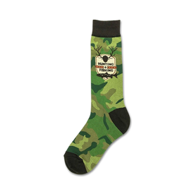 brown deer head patch on crew socks with "hunting + fishing est. 1972" banners and camouflage pattern.  
