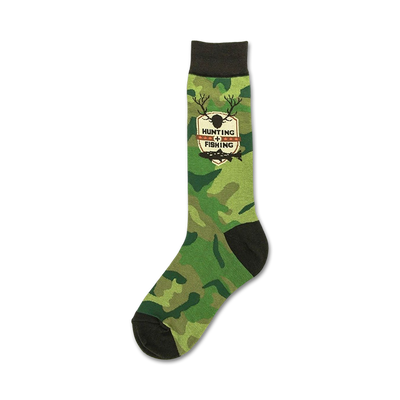 brown deer head patch on crew socks with "hunting + fishing est. 1972" banners and camouflage pattern.  