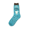 Teal crew socks with a coffee cup and coffee bean design.  The text 'Life Happens, Coffee Helps' is featured on the sock.
