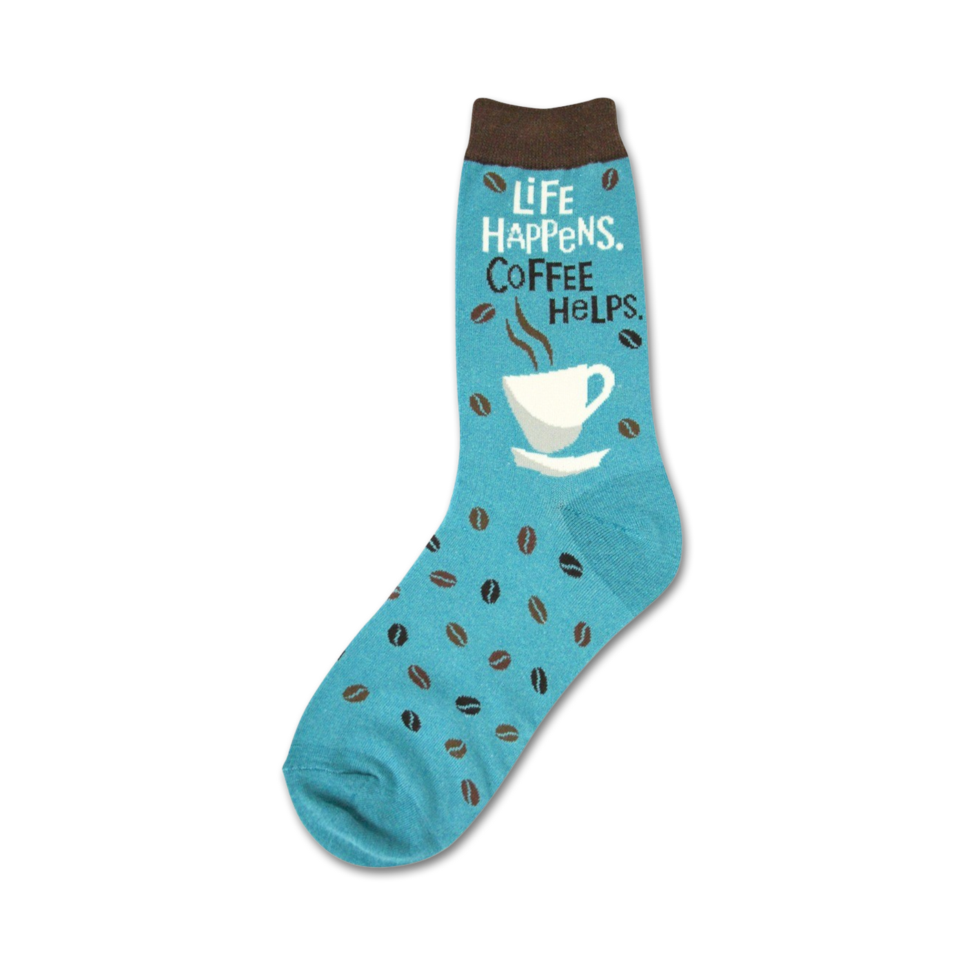Teal crew socks with a coffee cup and coffee bean design.  The text 'Life Happens, Coffee Helps' is featured on the sock.
