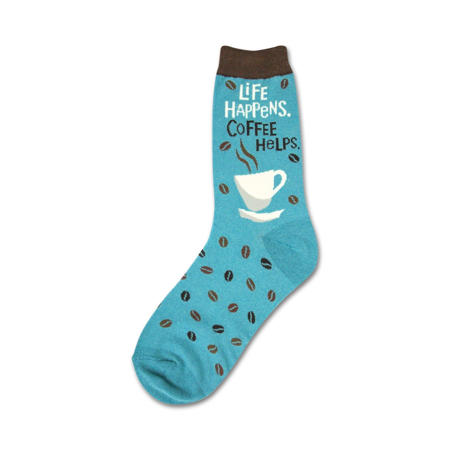 Teal crew socks with a coffee cup and coffee bean design.  The text 'Life Happens, Coffee Helps' is featured on the sock.