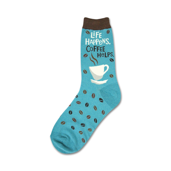 blue crew sock with a white coffee cup and brown coffee beans, and a message: 