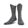 Pair of grey crew socks with a 3D shark face design. The shark's eyes and gills are embroidered on the top.