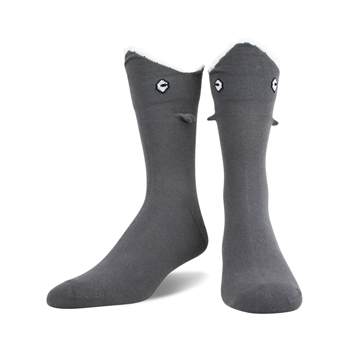 Pair of grey crew socks with a 3D shark face design. The shark's eyes and gills are embroidered on the top.