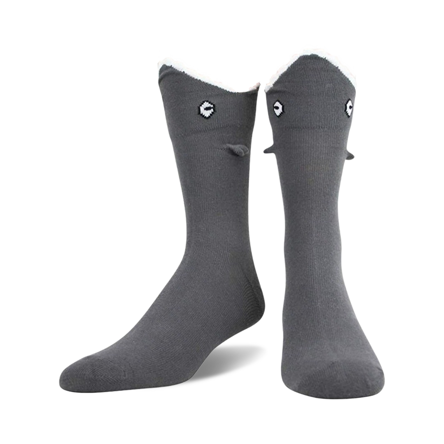 Pair of grey crew socks with a 3D shark face design. The shark's eyes and gills are embroidered on the top.