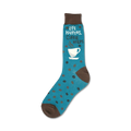 Teal crew socks with brown coffee beans scattered across. Features a coffee cup graphic and the text 'Life Happens. Coffee Helps.'
