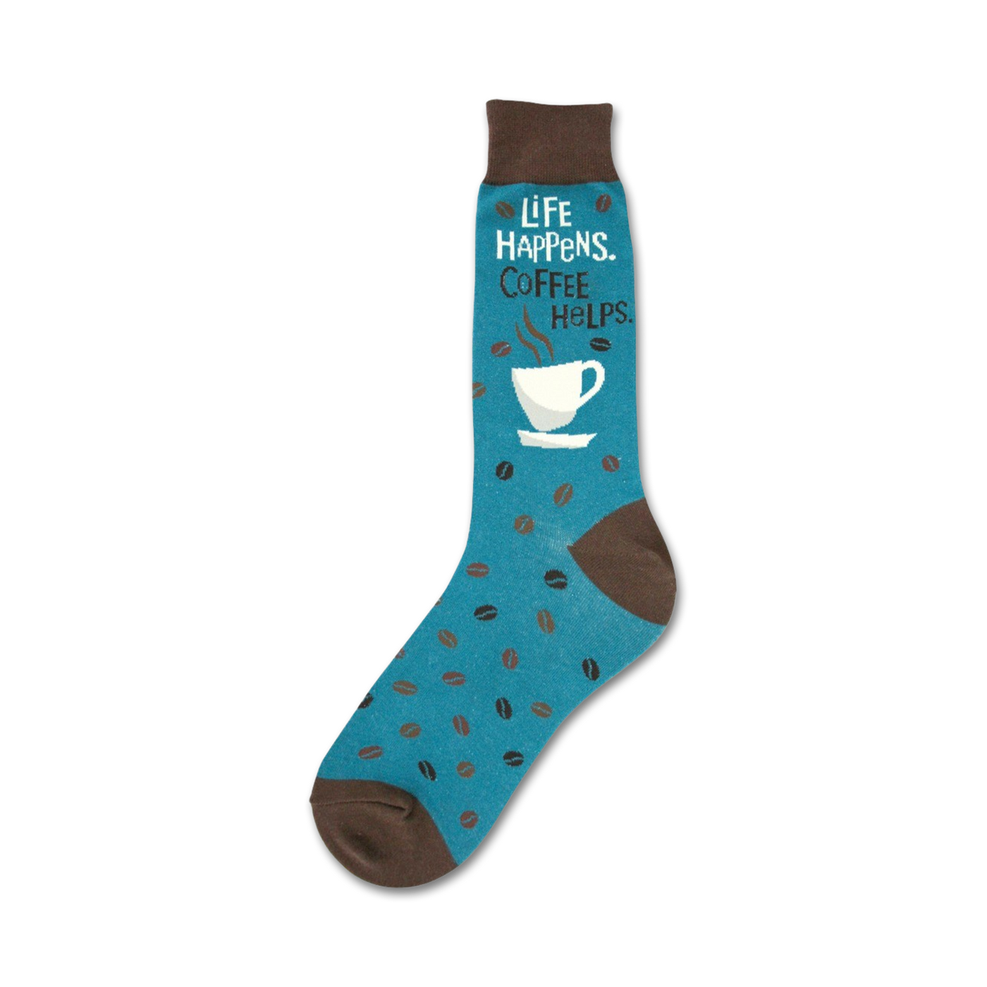 Teal crew socks with brown coffee beans scattered across. Features a coffee cup graphic and the text 'Life Happens. Coffee Helps.'