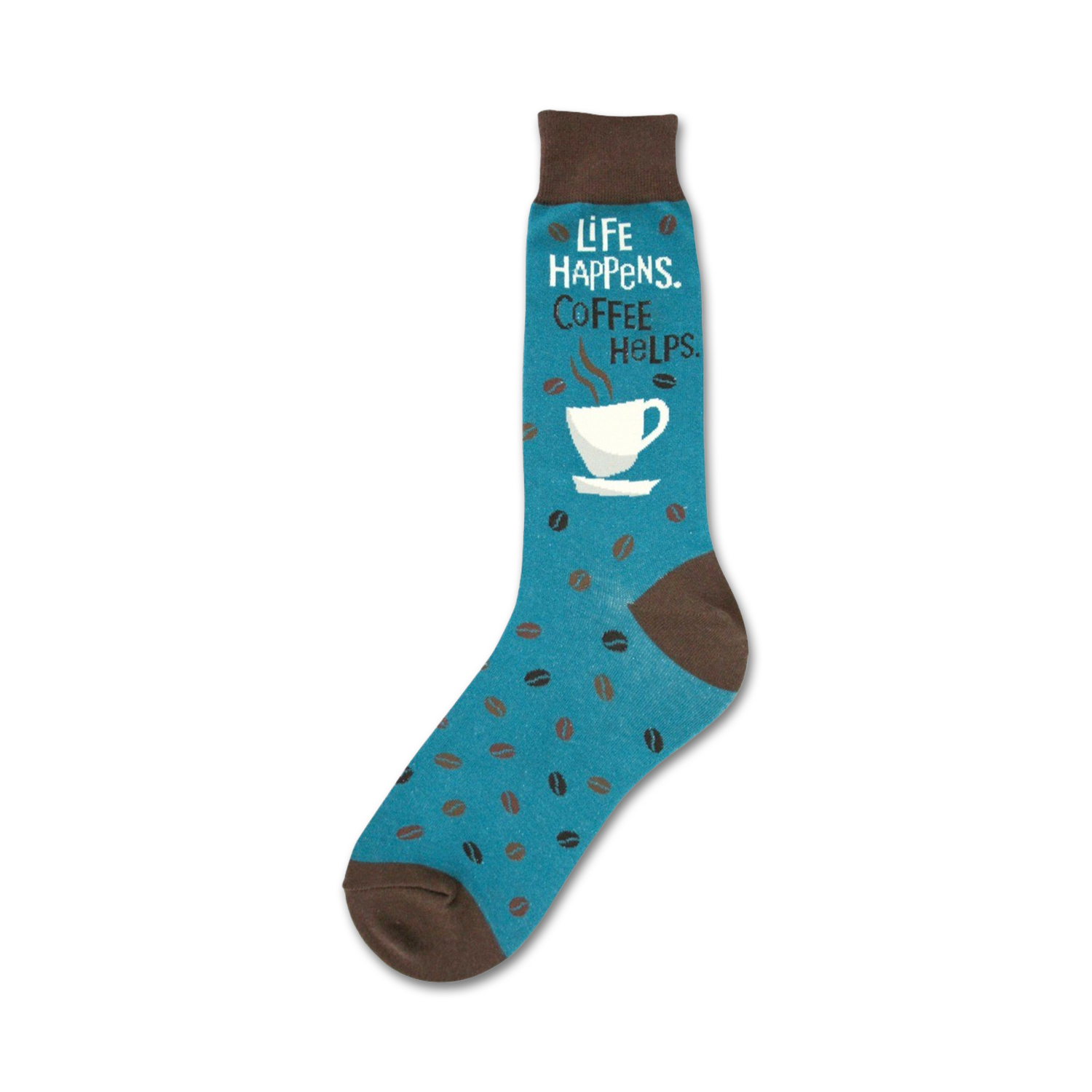 Teal crew socks with brown coffee beans scattered across. Features a coffee cup graphic and the text 'Life Happens. Coffee Helps.'