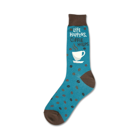 mens crew socks feature "life happens. coffee helps." graphic and text with coffee cup and coffee beans.  