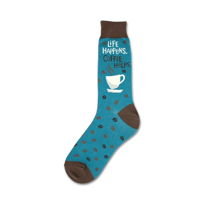 mens crew socks feature "life happens. coffee helps." graphic and text with coffee cup and coffee beans.  