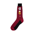 Crimson crew socks with thin stripes and a graphic of a coffee mug saying 'Work Hard' and a drink glass saying 'Play Harder'.