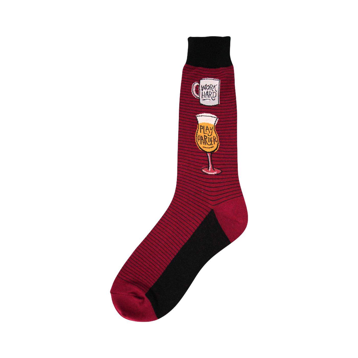 Crimson crew socks with thin stripes and a graphic of a coffee mug saying 'Work Hard' and a drink glass saying 'Play Harder'.