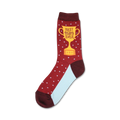 A maroon crew sock with white polka dots and a gold trophy graphic that says 'Best Mom Ever'.  The heel is light blue.