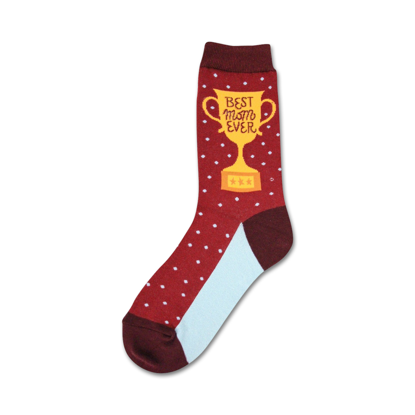 A maroon crew sock with white polka dots and a gold trophy graphic that says 'Best Mom Ever'.  The heel is light blue.