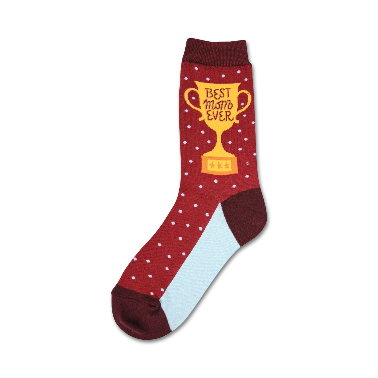 A maroon crew sock with white polka dots and a gold trophy graphic that says 'Best Mom Ever'.  The heel is light blue.
