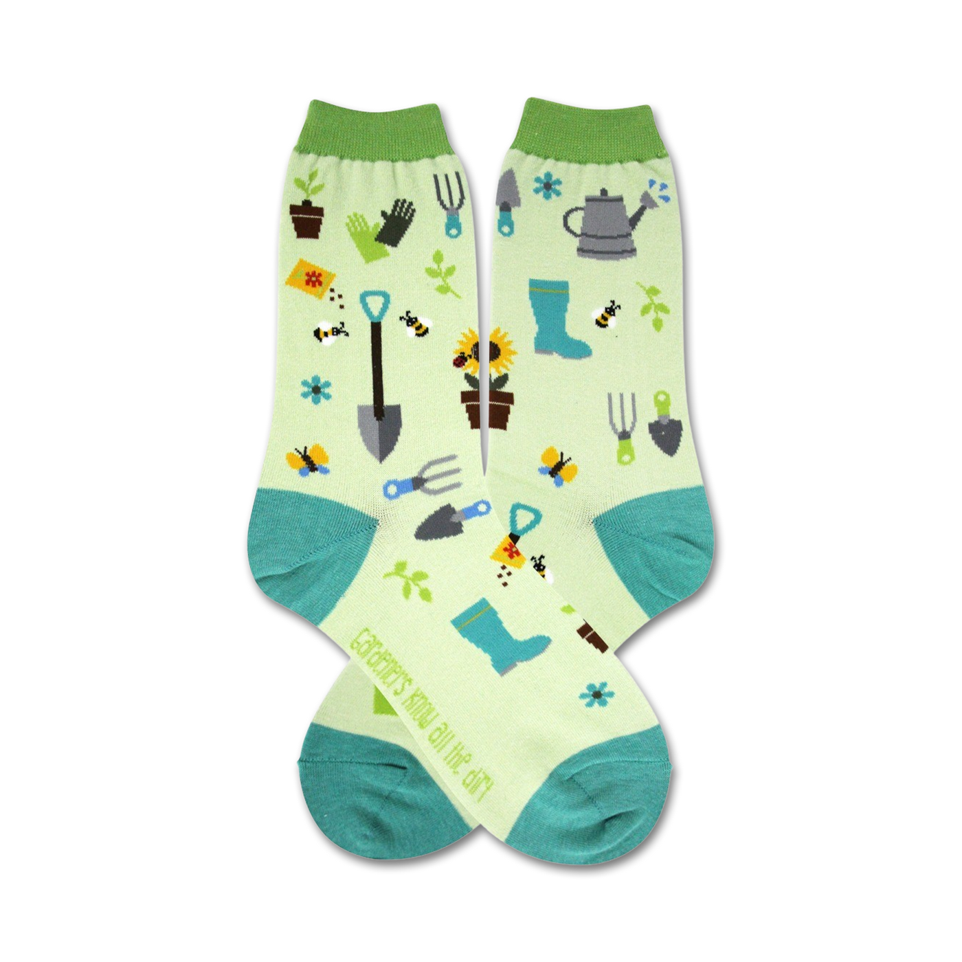 Pair of crew socks, light green with teal accents, featuring gardening tools, bees, sunflowers and other garden elements.