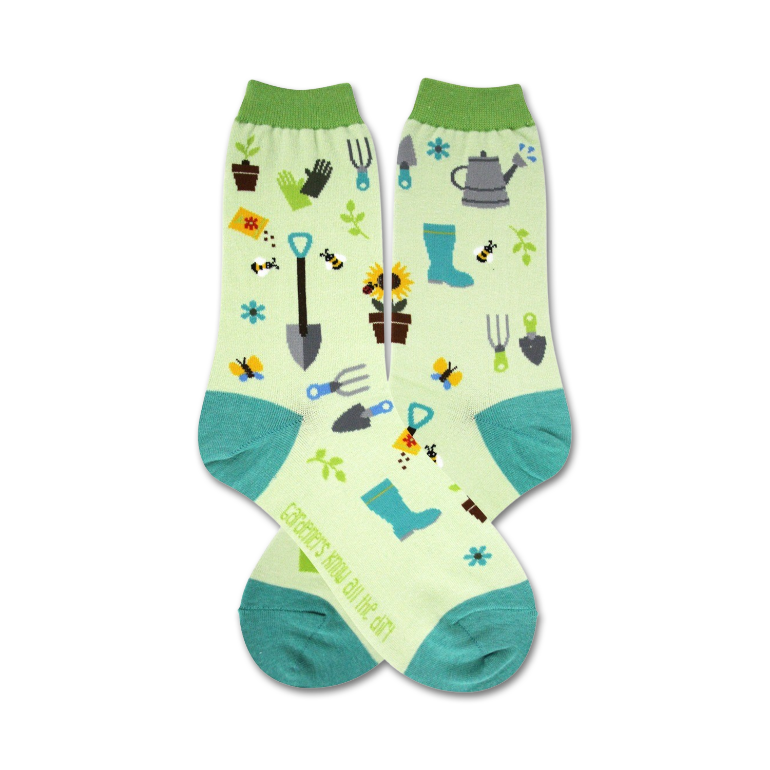 Pair of crew socks, light green with teal accents, featuring gardening tools, bees, sunflowers and other garden elements.