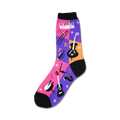 Crew socks in purple, pink, orange and black. A fun patchwork design features musical instruments like a saxophone, guitar, and cello.