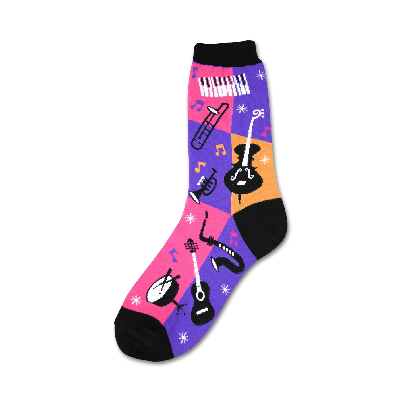 Crew socks in purple, pink, orange and black. A fun patchwork design features musical instruments like a saxophone, guitar, and cello.