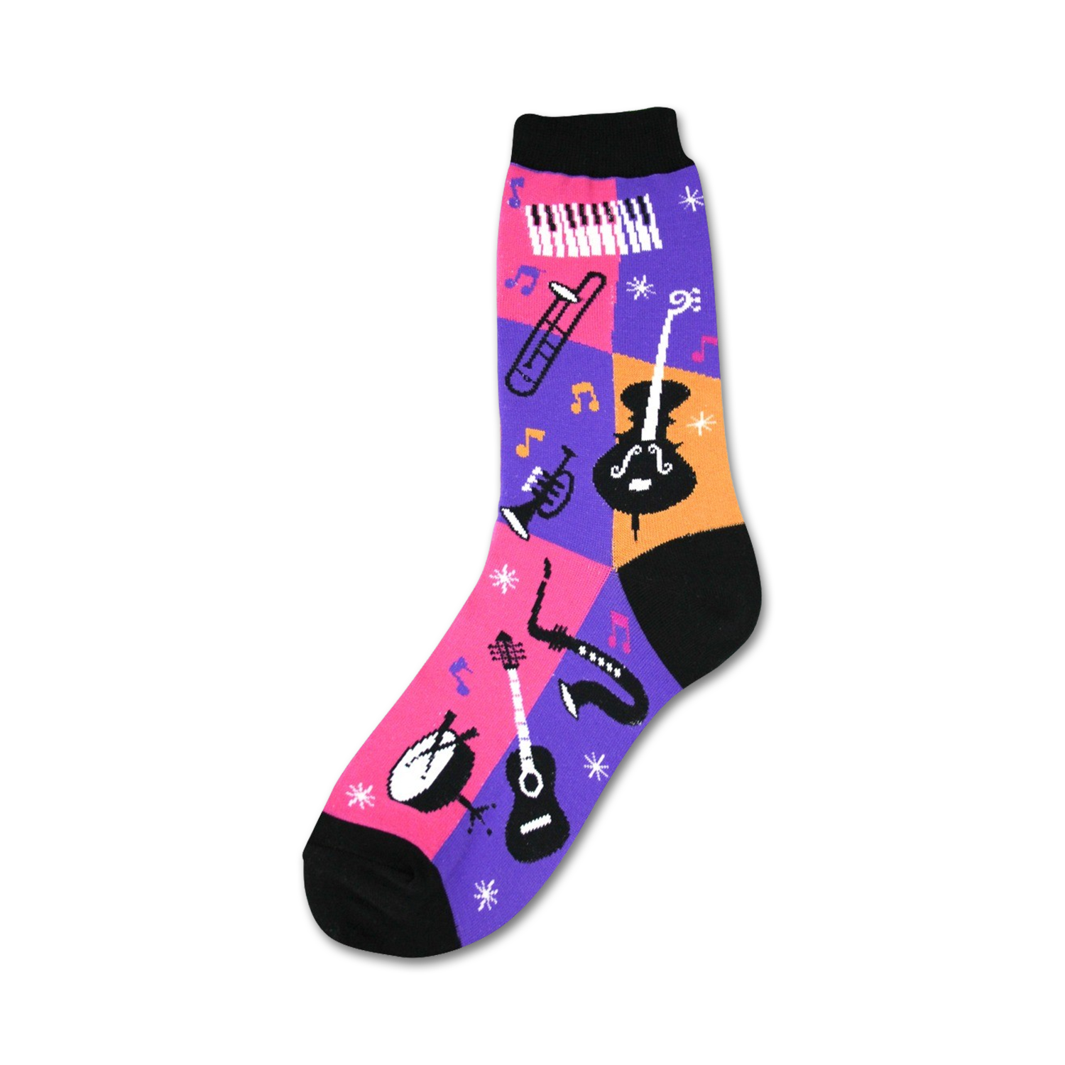 Crew socks in purple, pink, orange and black. A fun patchwork design features musical instruments like a saxophone, guitar, and cello.