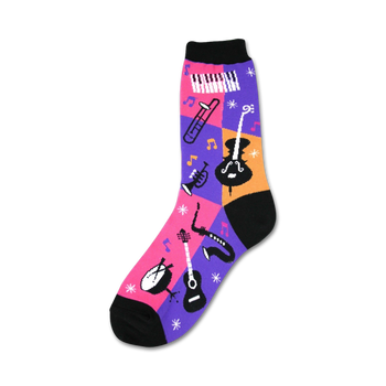 black crew socks with colorful musical instruments, including drums, guitars, saxophones, trumpets, and pianos, as well as musical notes and stars.   