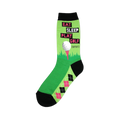 Crew socks in lime green and black.  Design features the text 'Eat Sleep Play Golf (Repeat)' and a golf ball on a tee.