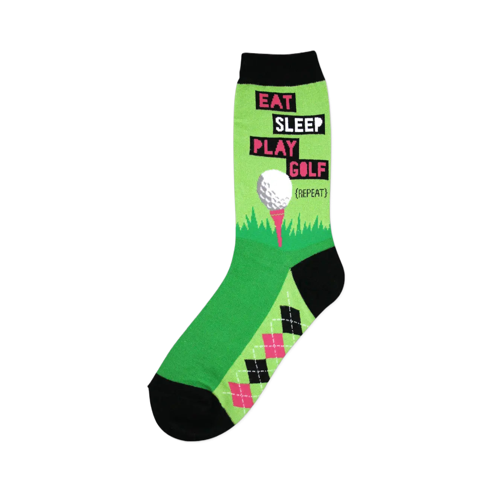 Crew socks in lime green and black.  Design features the text 'Eat Sleep Play Golf (Repeat)' and a golf ball on a tee.