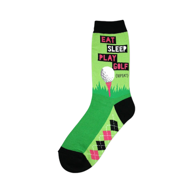 Crew socks in lime green and black.  Design features the text 'Eat Sleep Play Golf (Repeat)' and a golf ball on a tee.