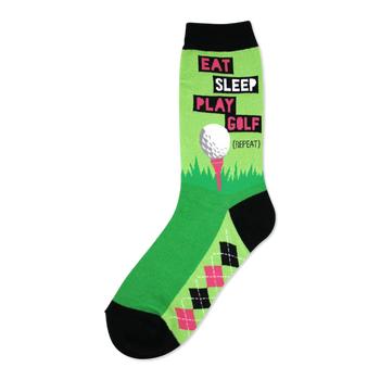 Bright green crew sock featuring "Eat Sleep Play Golf" text, a white golf ball on a pink tee, and a black/pink argyle pattern.