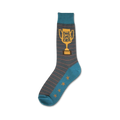 Crew socks in gray and teal with orange trophy graphic reading 'Best Dad Ever' and stars on the teal heel and toe.