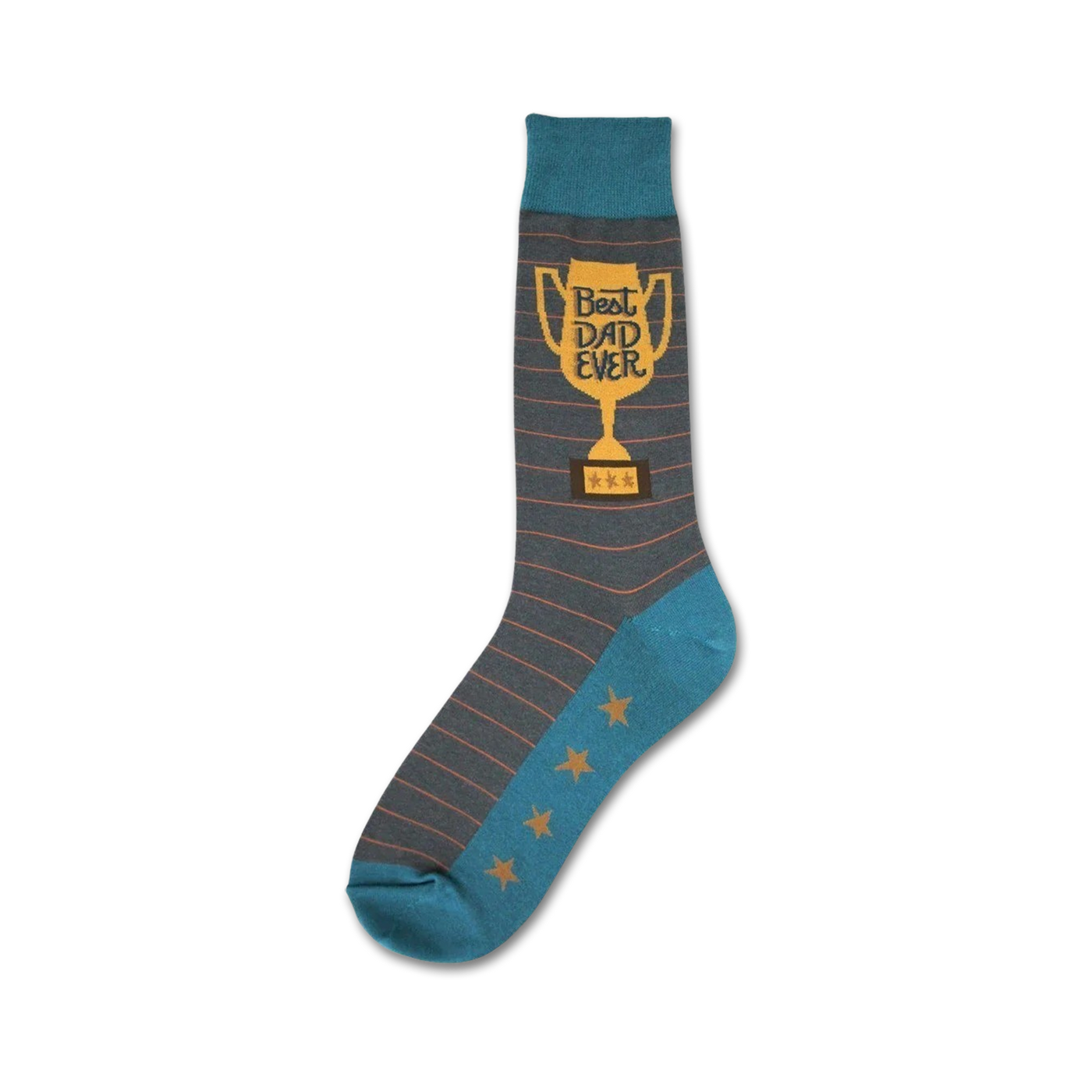 Crew socks in gray and teal with orange trophy graphic reading 'Best Dad Ever' and stars on the teal heel and toe.