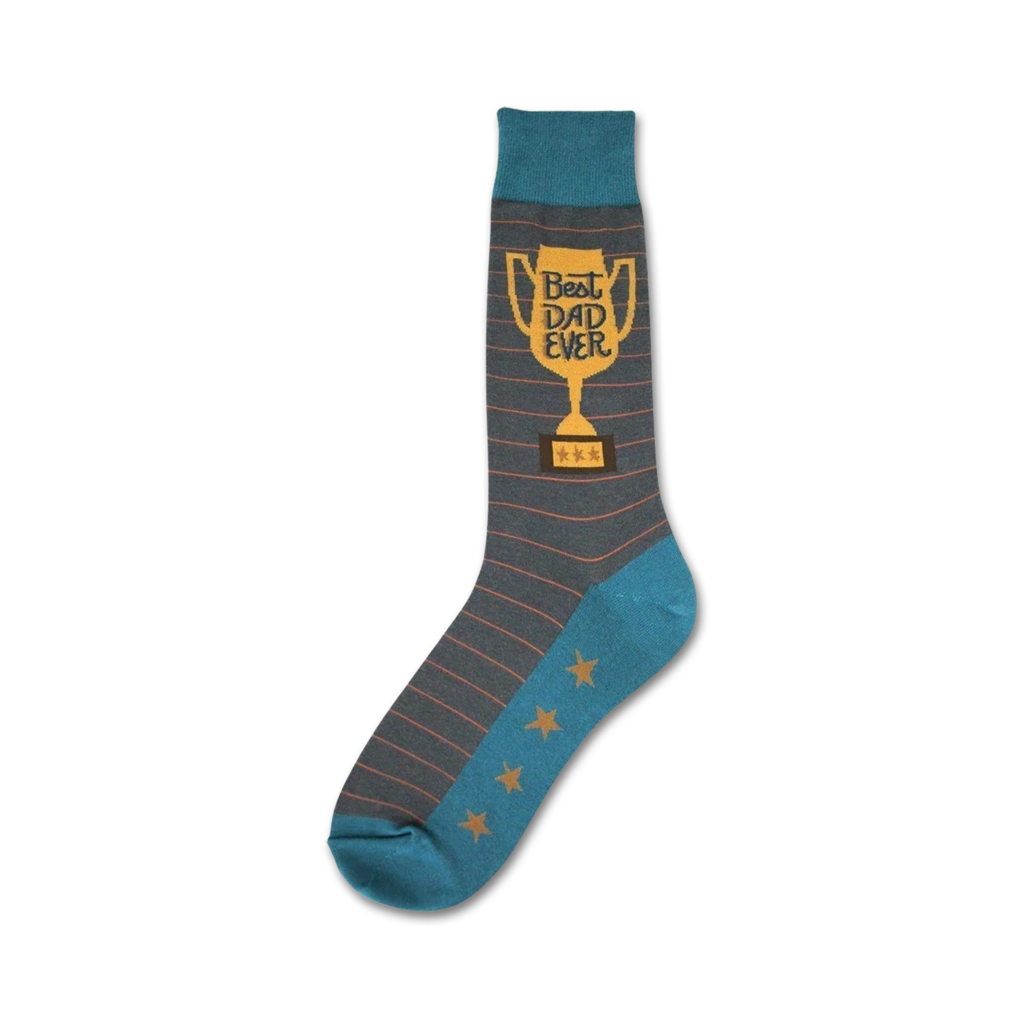 Crew socks in gray and teal with orange trophy graphic reading 'Best Dad Ever' and stars on the teal heel and toe.
