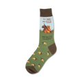 Crew socks in green with brown accents.  Features a cartoon squirrel, acorns, and the text 'My Yard My Rules My Nuts!'