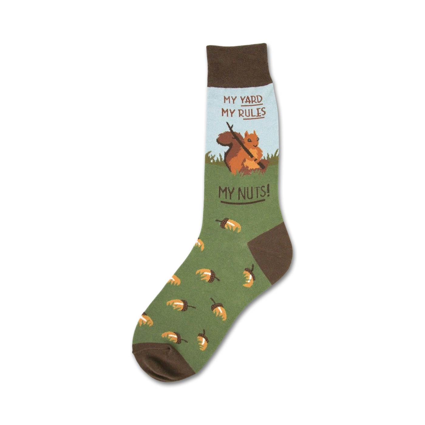 Crew socks in green with brown accents.  Features a cartoon squirrel, acorns, and the text 'My Yard My Rules My Nuts!'