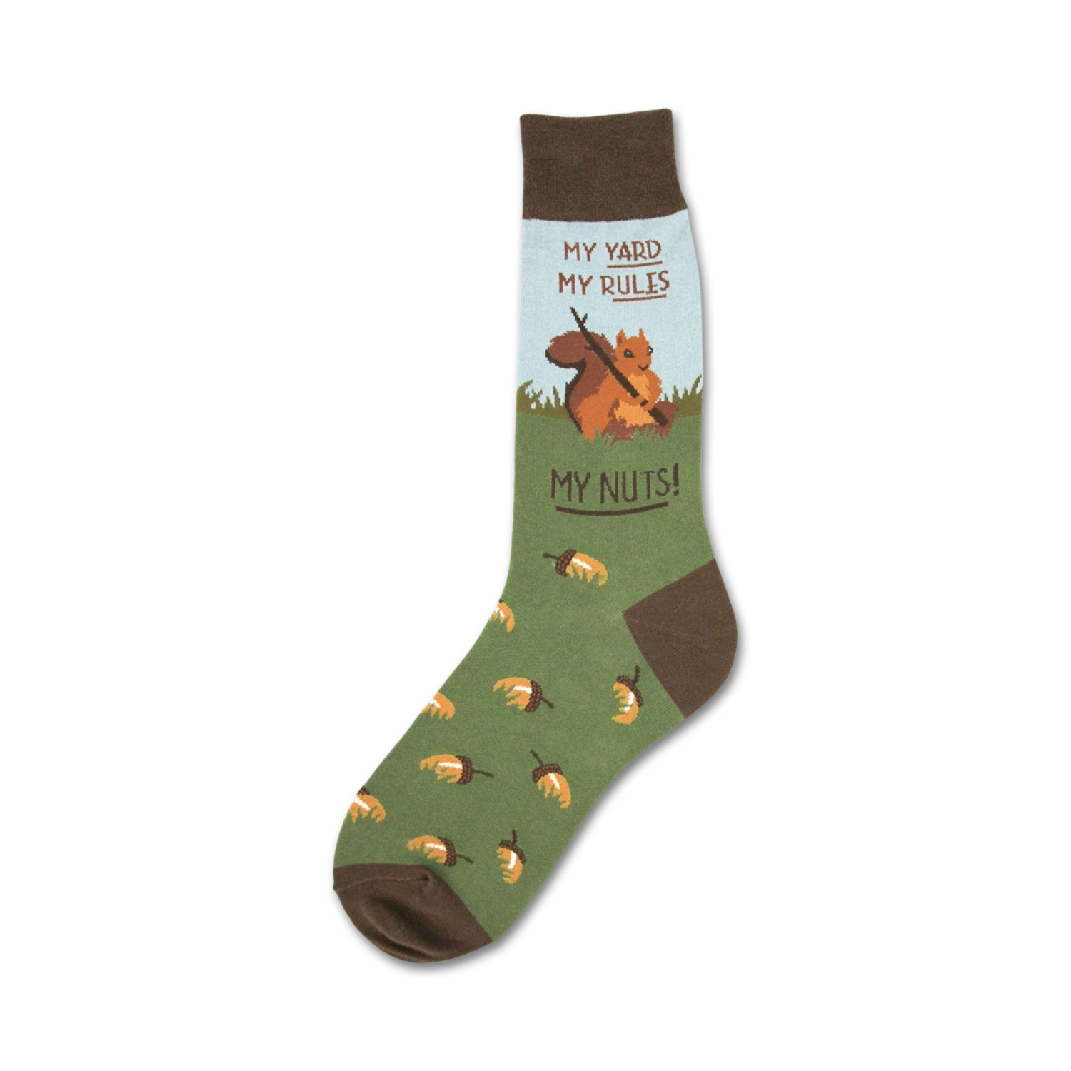 Crew socks in green with brown accents.  Features a cartoon squirrel, acorns, and the text 'My Yard My Rules My Nuts!'