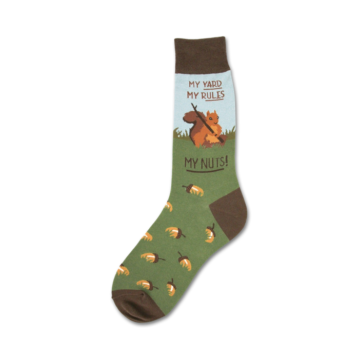 green acorn patterned socks with brown toes, heels, cuffs and squirrel graphic. crew length men's socks with text 